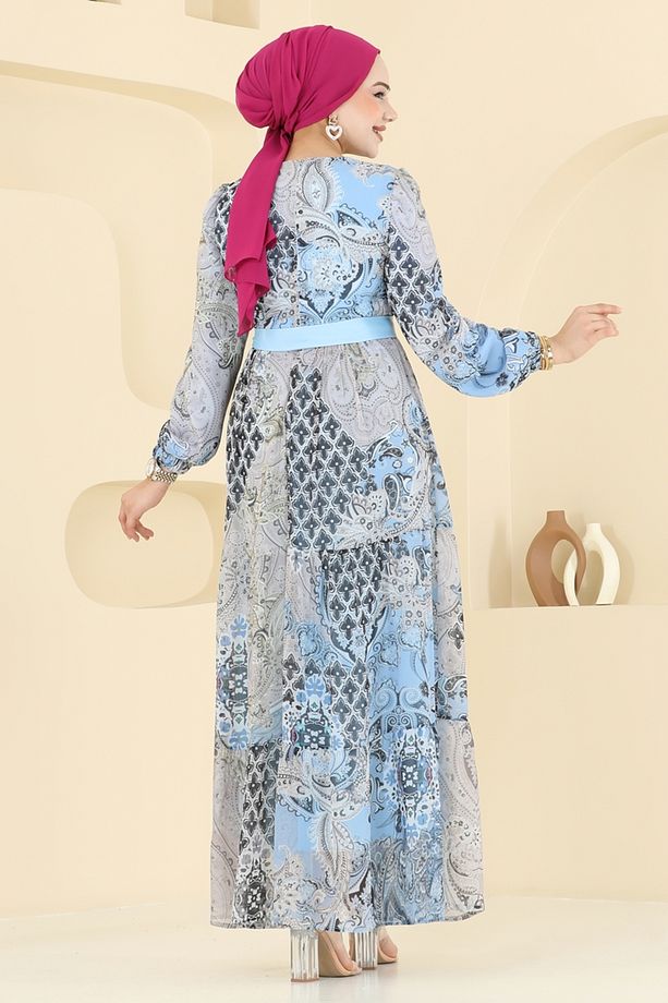 Etnik Desen Şifon Elbise 5297AL357 Bebe Mavisi - 5