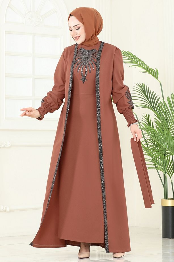 Yelekli Abiye Elbise Takım ASM2758 Taba - 2
