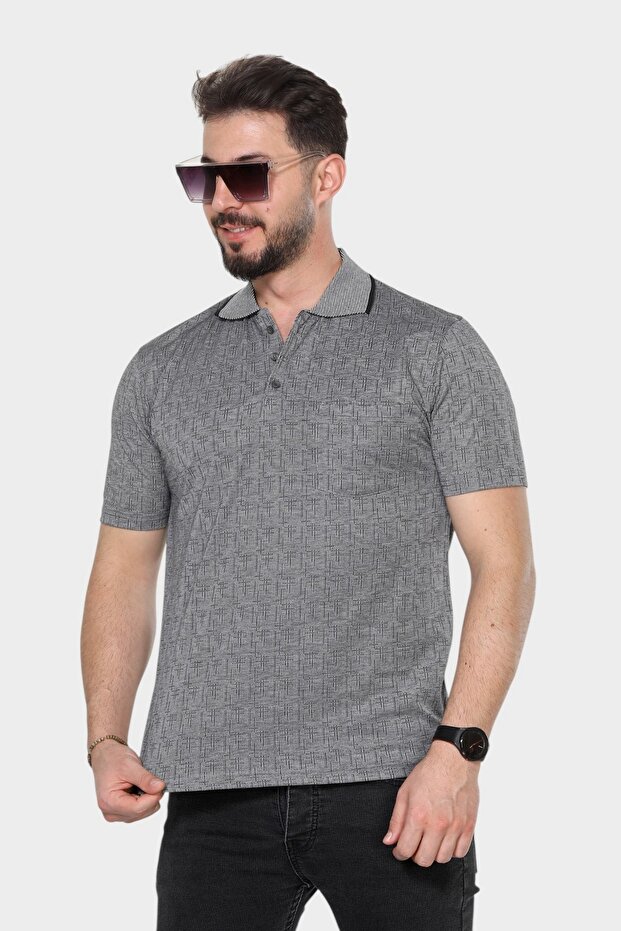 Men's Father Gray T-Shirt with Collar and Pocket Patterned Model Classic Cut