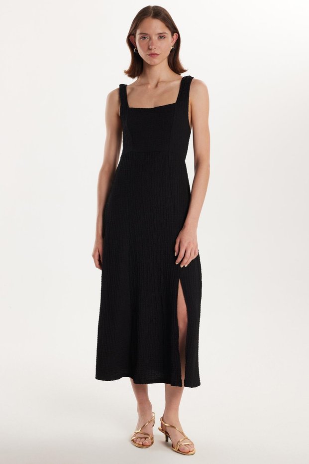 Women's Standard Fit Short Sleeve Square Neck Slit Black Dress