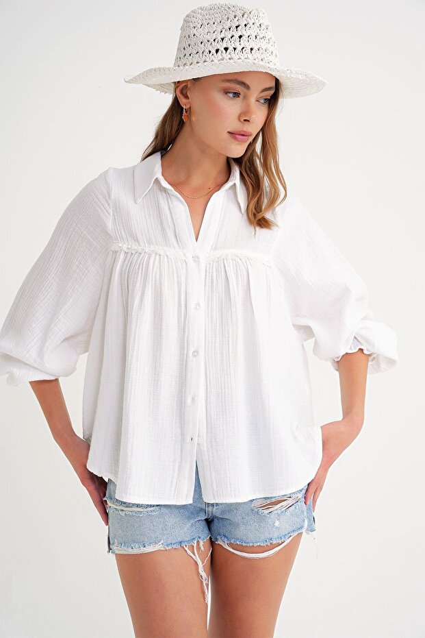 4677 Women's Lace Detailed Muslin Shirt White