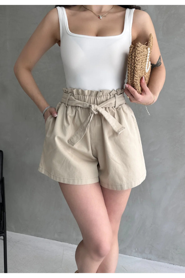 Women's Beige Shorts with Gathered Waist and Belt