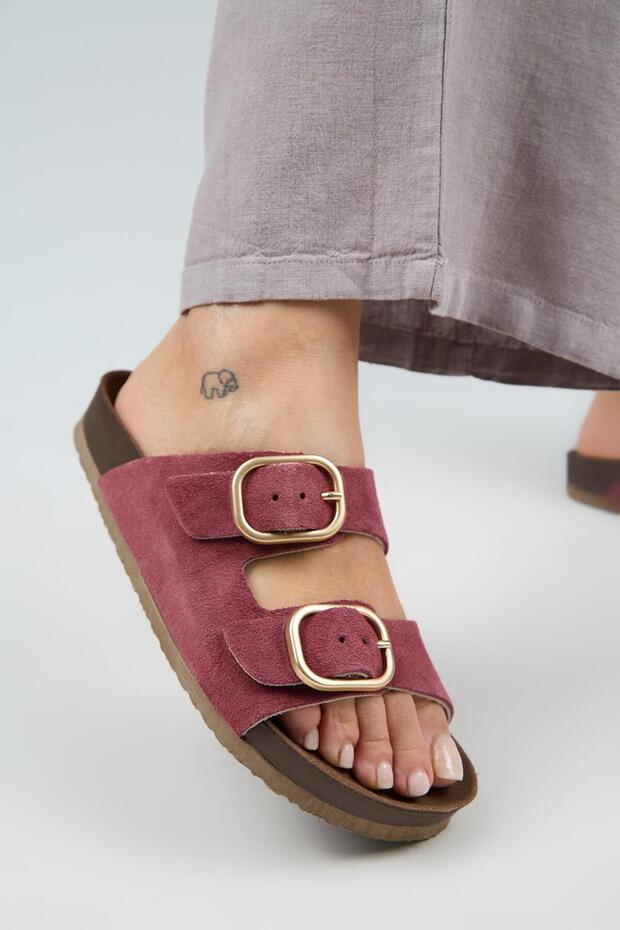 Jazmin Women's Genuine Leather Double Buckle Cherry Slippers