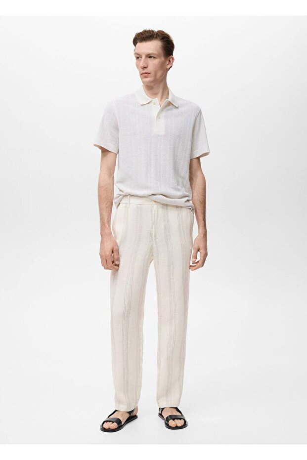 Elastik bel bantlı %100 keten pantolon - 2