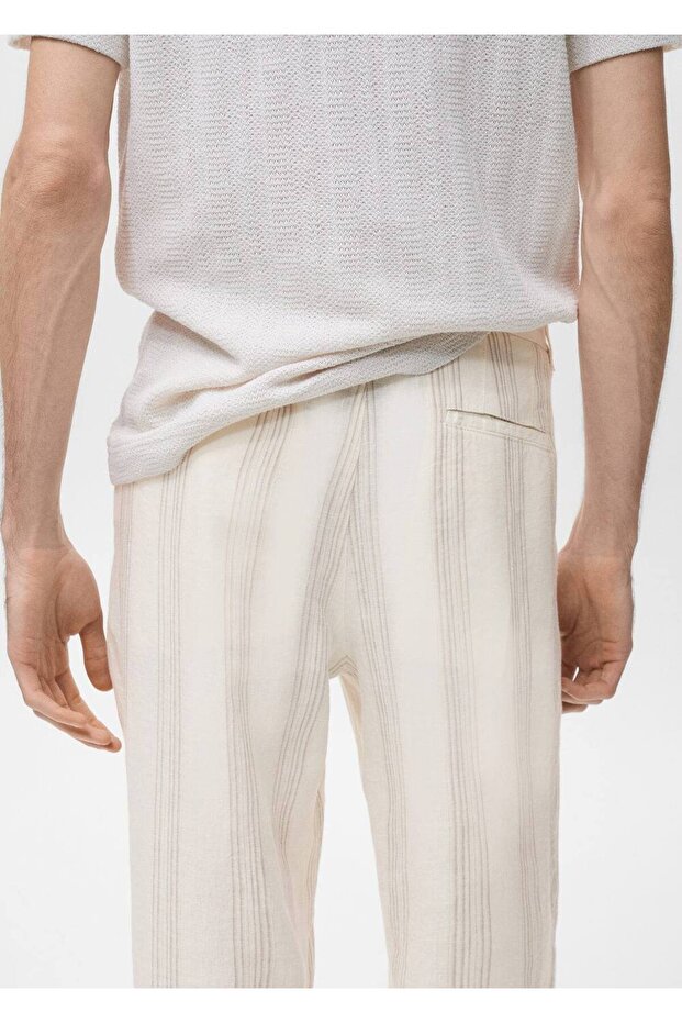 Elastik bel bantlı %100 keten pantolon - 7