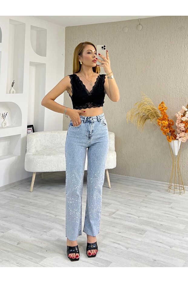 Serpme Taşlı Kot Pantolon - 1