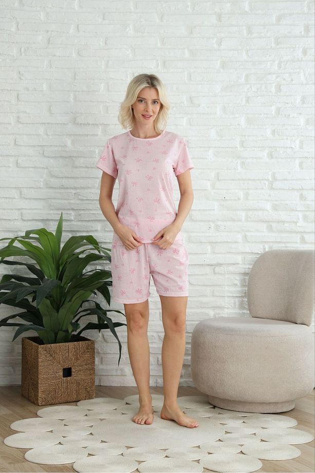 PEMBE FİYONK DESENLİ ŞORTLU ÖRME PİJAMA TAKIMI - 2