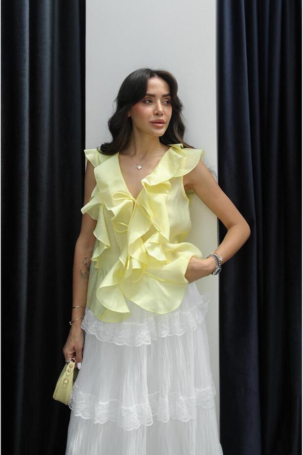 Yellow Zero Sleeve Ruffle Blouse