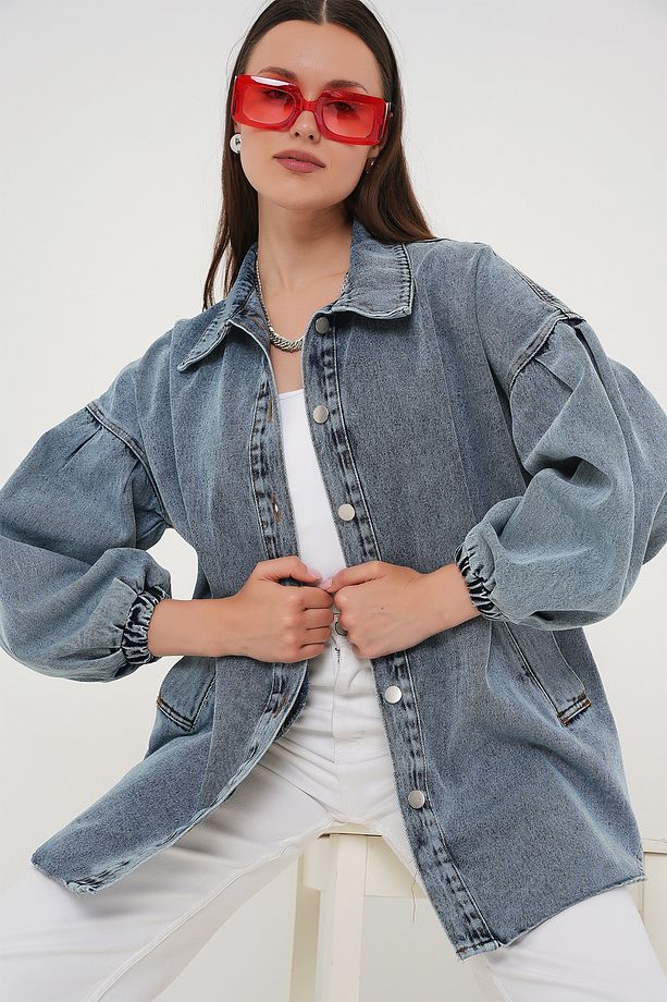 0662 Denim Balon Kollu Kot Ceket - Mavi - 3