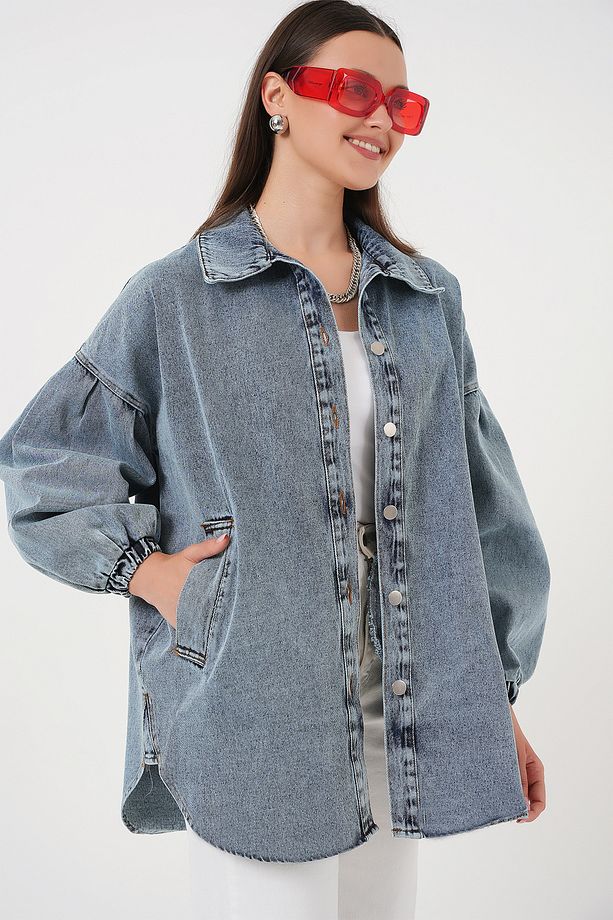 0662 Denim Balon Kollu Kot Ceket - Mavi - 4