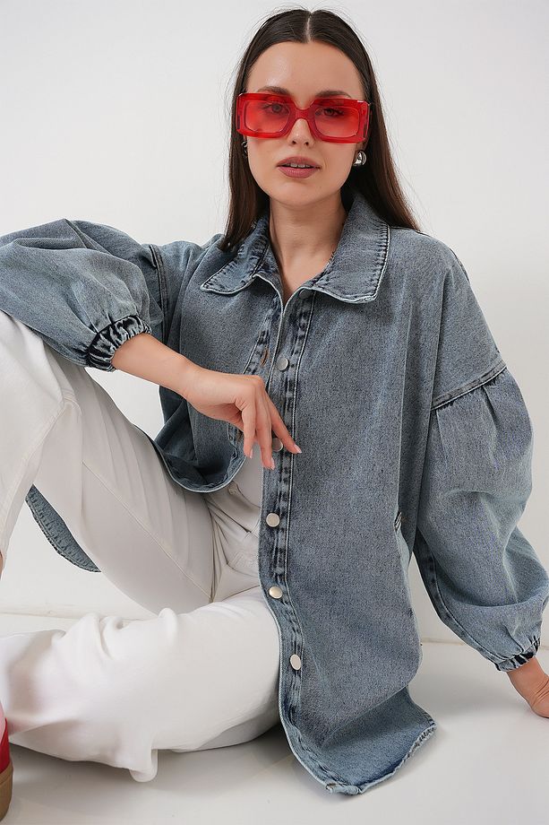 0662 Denim Balon Kollu Kot Ceket - Mavi - 5