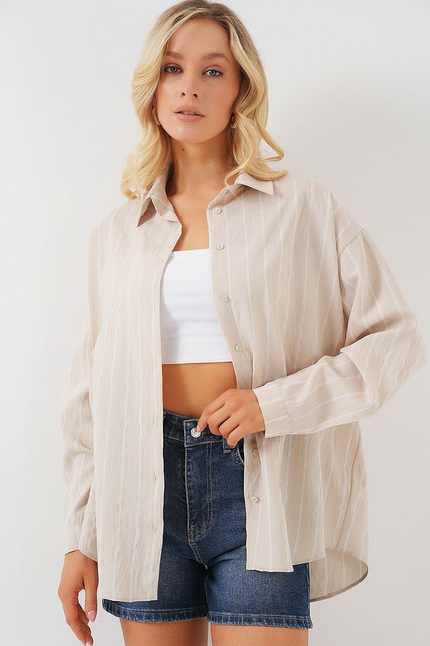 3900 Oversize Kareli Gömlek - Y.bej - 1