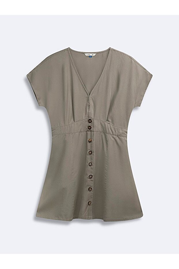 Basıc Düğmeli Yeşil Elbise - 1