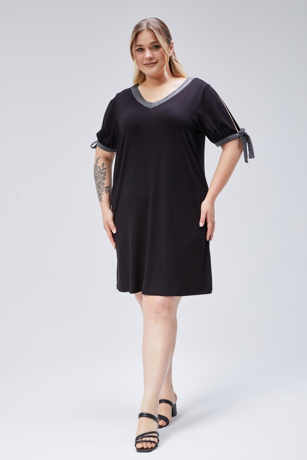 Plus Size V-Neck Sleeve Decorated Tie-Up Dress with Glitter Detail