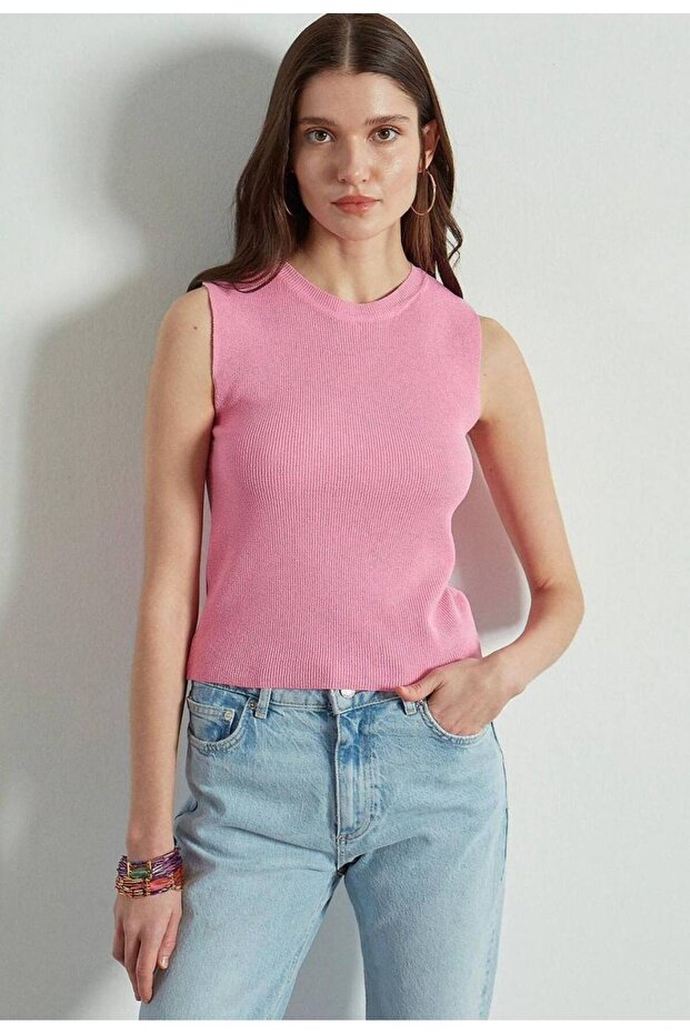 Basic Pembe Kolsuz Crop Kadın Triko - 1