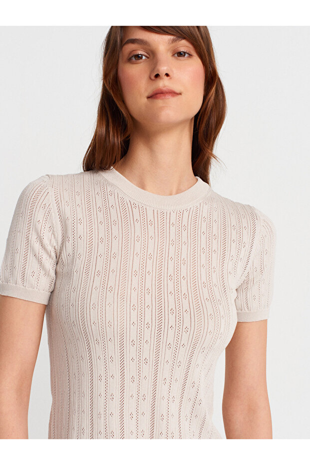 10762 Bisiklet Yaka Ajurlu Fırfırlı Bluz-Taş - 3