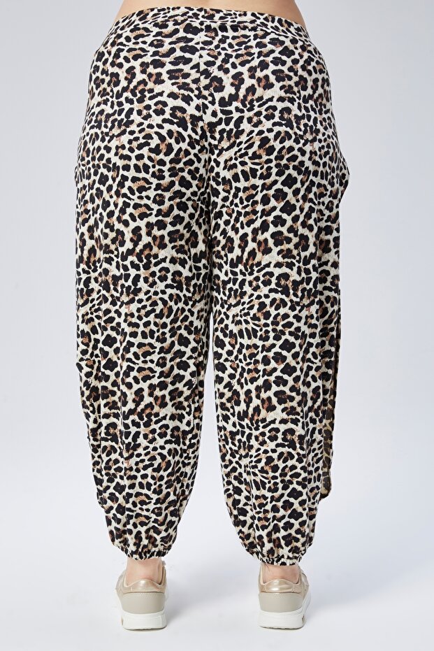 Plus Size Leopard Patterned Viscose Trousers with Elastic Waist and Legs and Side Slits - 6