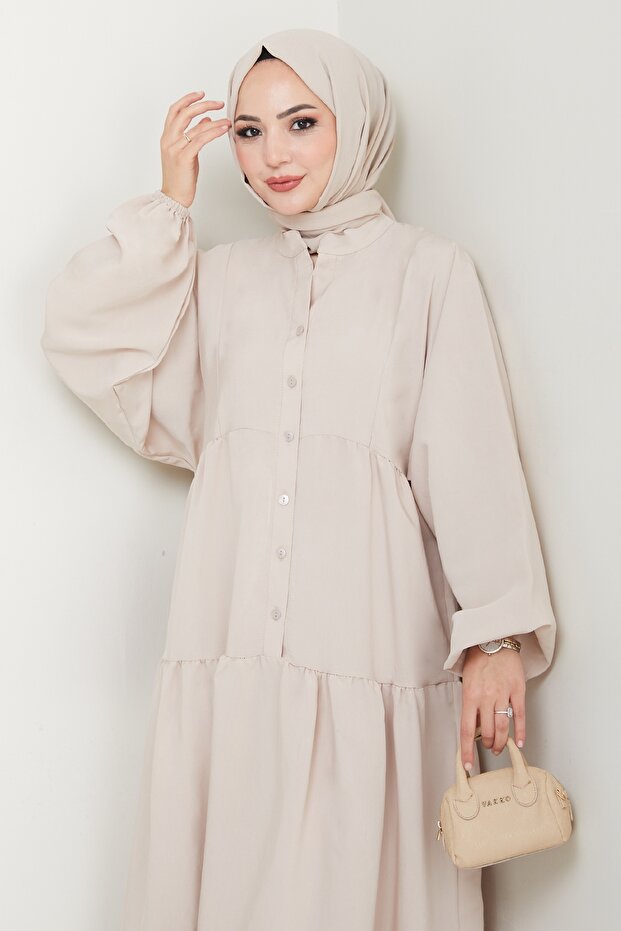 Modal Patlı Bej elbise - 4