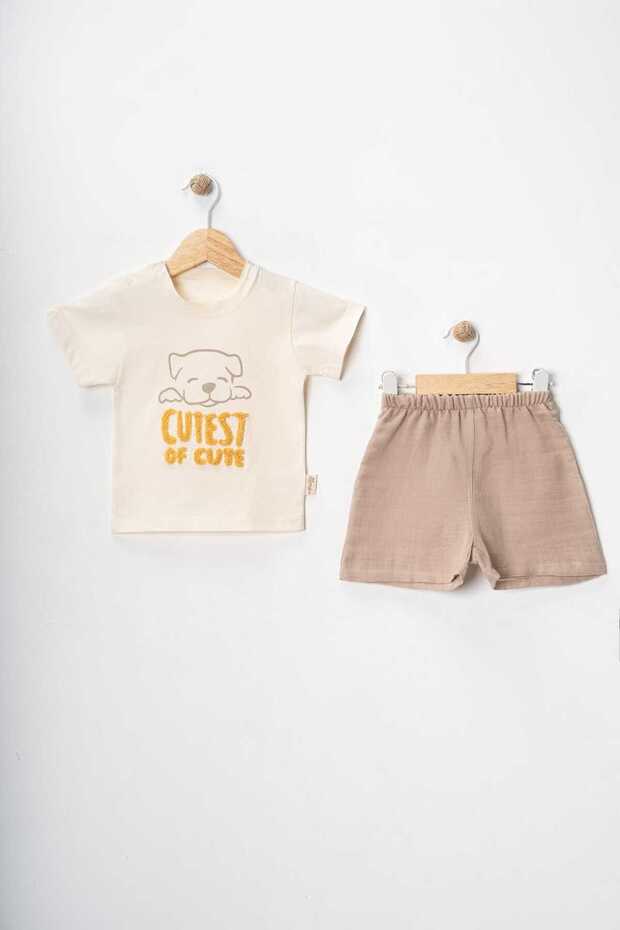 Puppy Printed Cutest Suzene Embroidered Summer Muslin Shorts Baby Boy Bottom Top Set