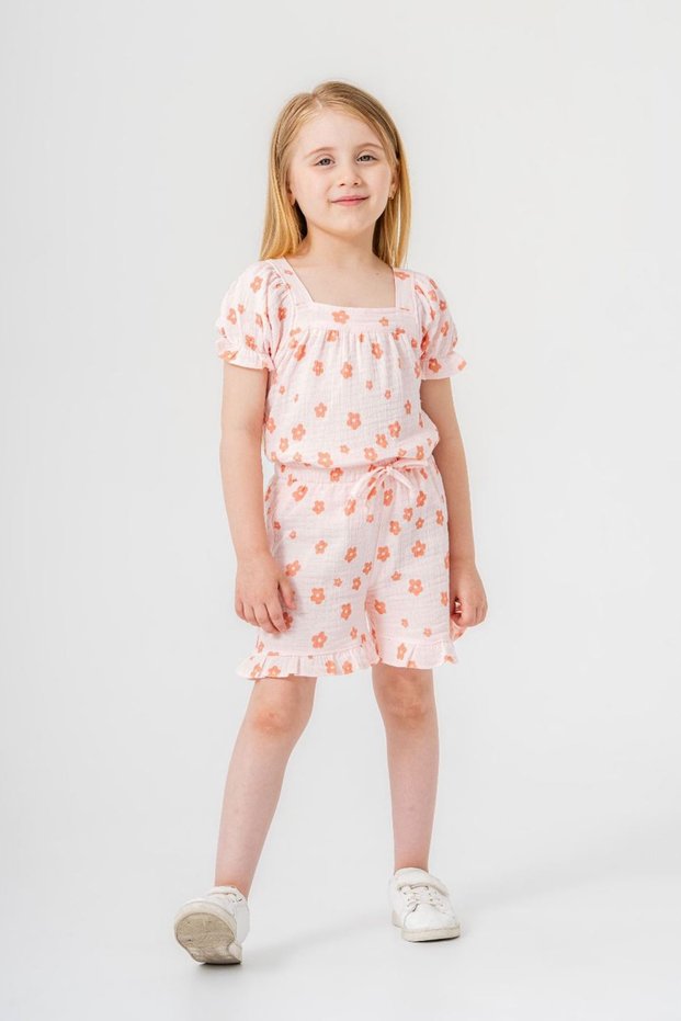 My Little One's Buttocks Floral Print Muslin Girl's Shorts Set - Salmon
