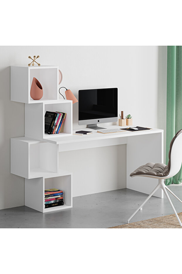 طاولة عمل متوازنة مع مساحة تخزين - مكعبات مفتوحة هندسية، تصميم موفر للمساحة للمنزل أو المكتب
