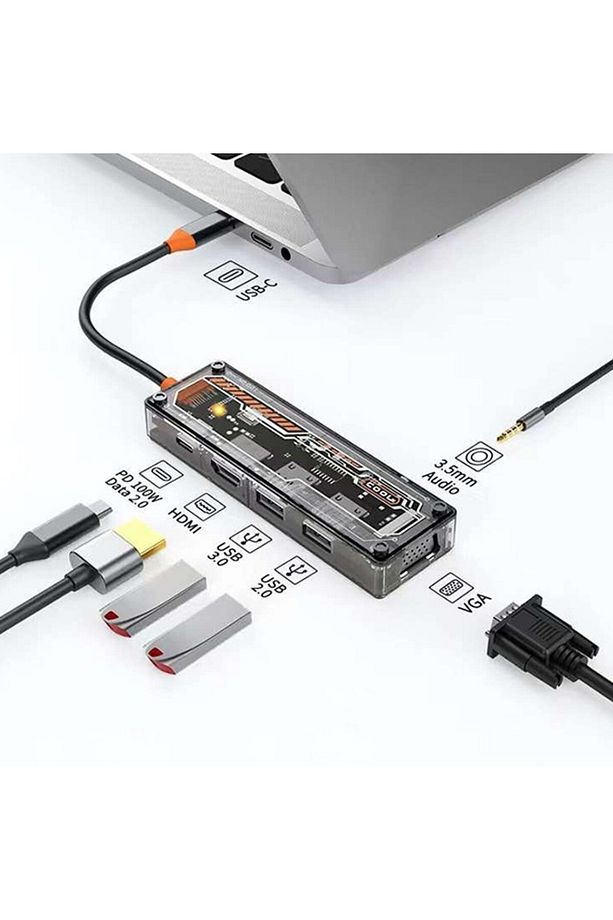 Type-c To USB3.0 + USB2.0 + Type-c PD 100W + HDMI + VGA + 3.5mm Çogaltic Transparani Hub 6in1 - 1
