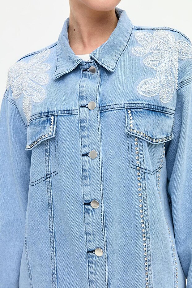 Brode ve İnci Detaylı Kot Ceket Mavi - 5