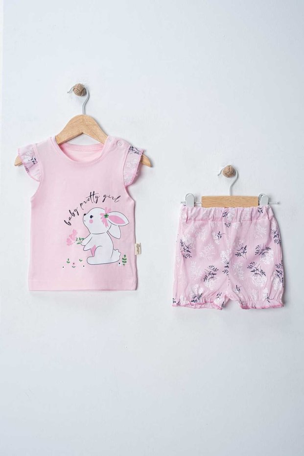 Baby Girl Summer Bottom Top Set with Rabbit Printed Flower Shorts