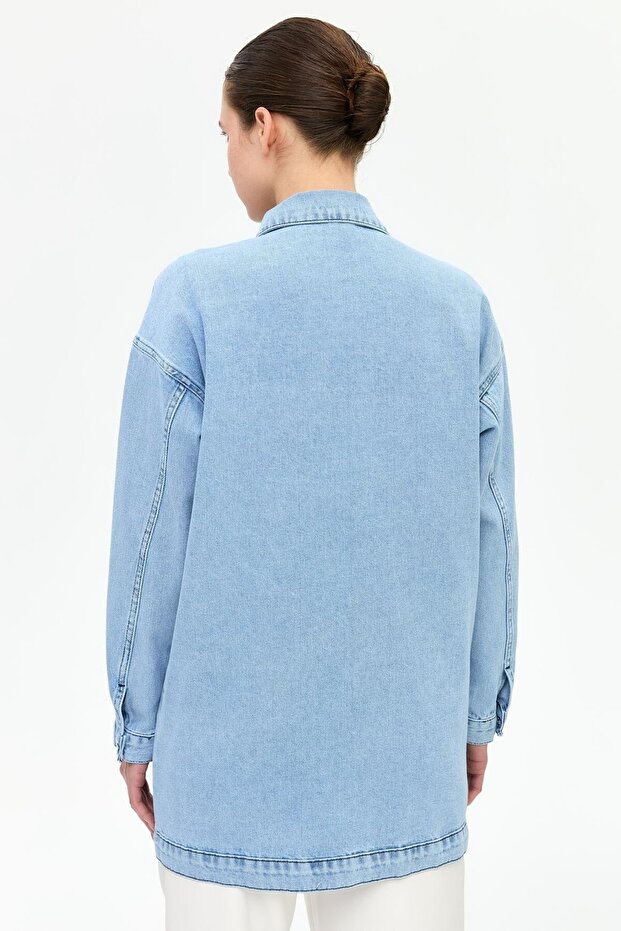 Brode ve İnci Detaylı Kot Ceket Mavi - 6