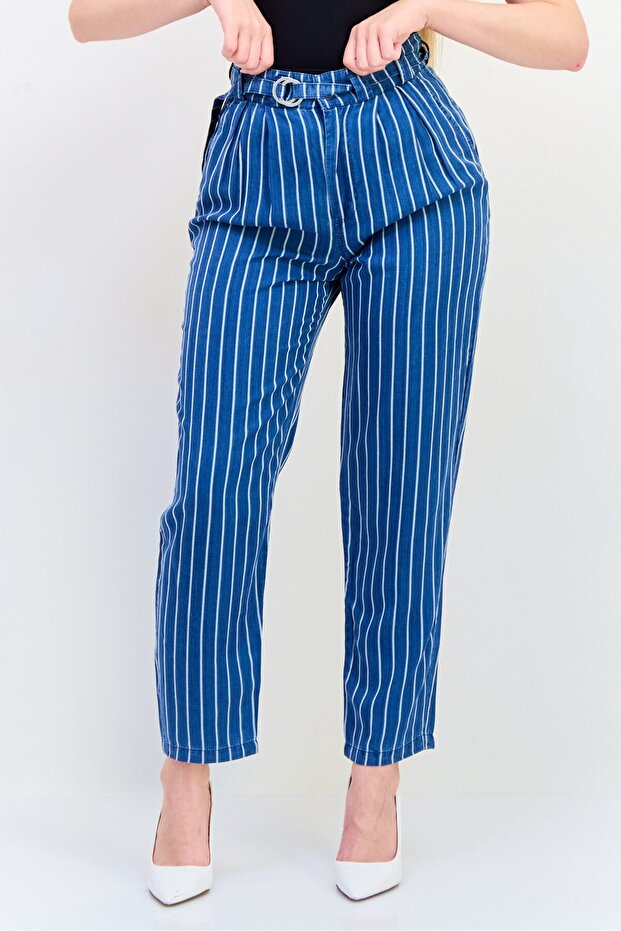 Women Regular Fit Belted Stripe Straight Pants, Multicolor