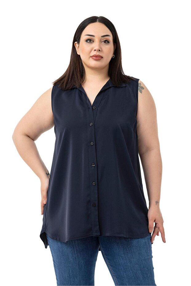 Plus Size Sleeveless Navy Blue Shirt with Pleated Detail on the Back