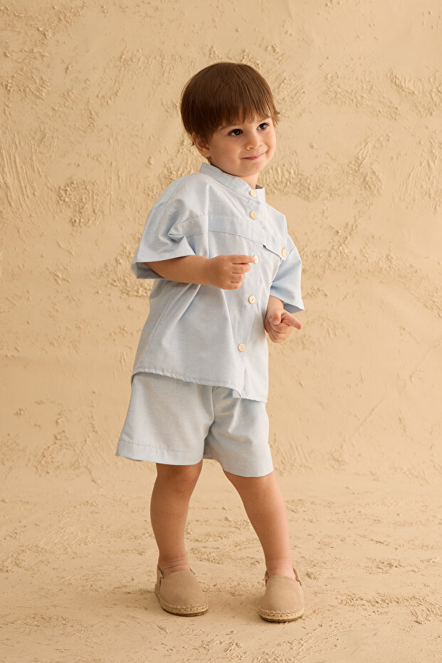 Patch Detail Shirt Set Blue