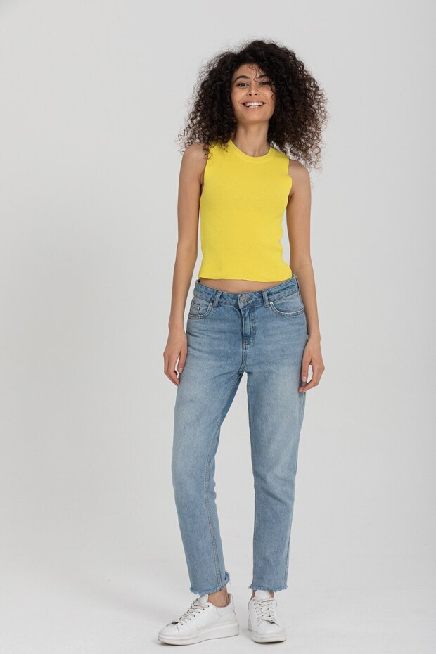 Basic Sarı Kolsuz Crop Kadın Triko - 6