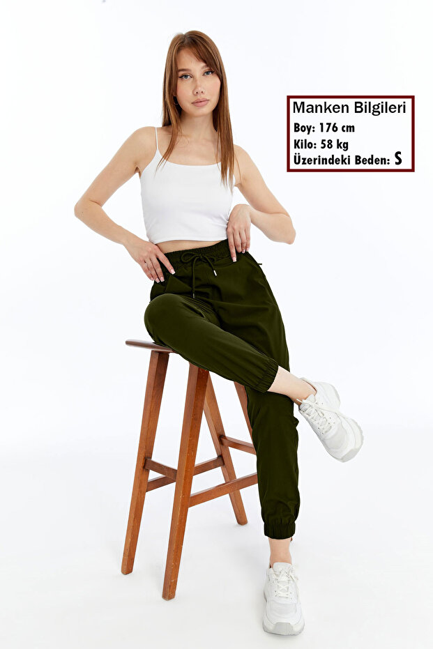 Women's Khaki Loose Fit Summer Jogger Sweatpants with Elastic Cuffs, Parachute Fabric Pants with Hidden Zipper Pockets