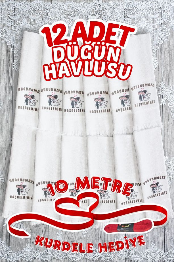 12 Adet Saçaklı Düğün Havlusu Kurdele Hediyeli Desenli Konvoy Havlusu Ekonomik Model - 1