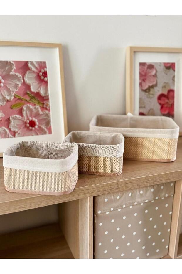 Beige Hasır 3Lü Sepet - 1