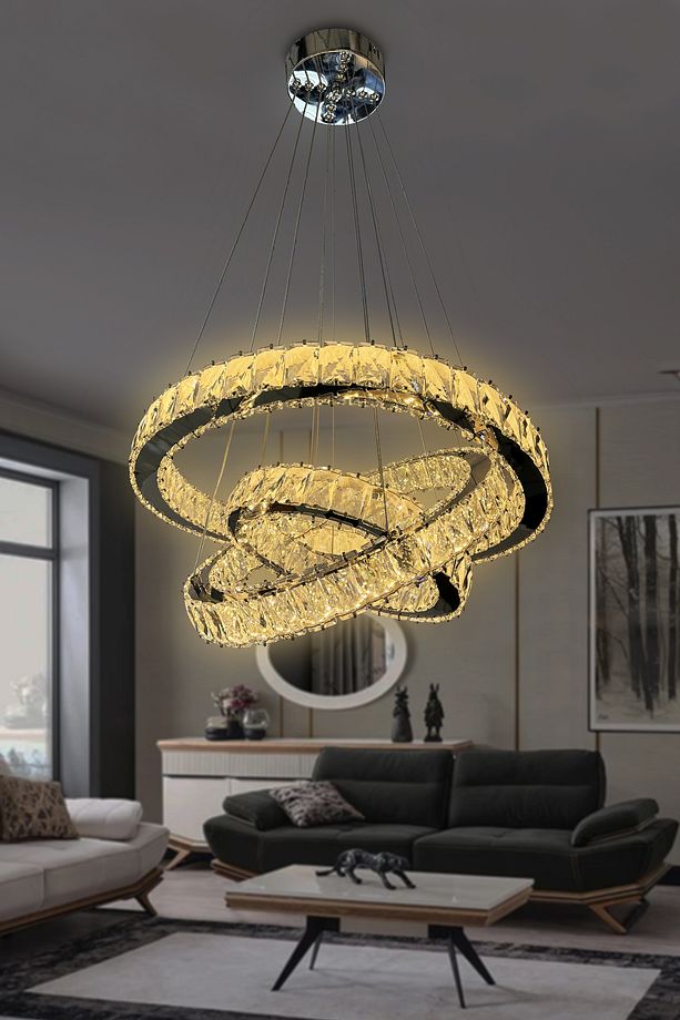 Bestof 3 Katlı Daire Taşlı Ledli Modern Avize Kumandasız Krom - 6