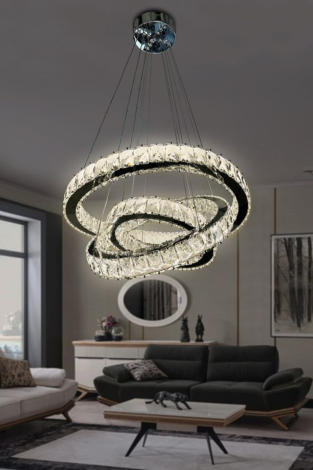 Bestof 3 Katlı Daire Taşlı Ledli Modern Avize Kumandasız Krom - 4