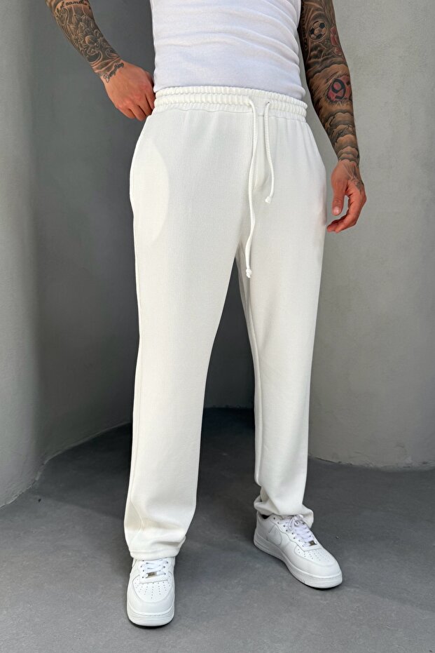 Full Lycra Super Stretchy White Men's Baggy Fit Ribbed Jogger Ke-5030