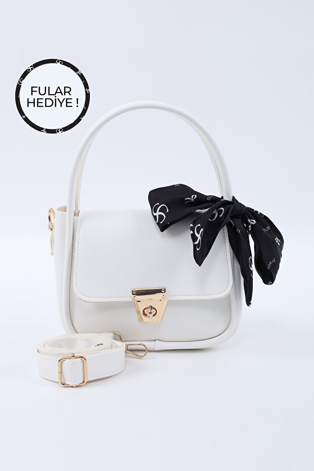 White Shk235 Faux Leather Single Compartment Handbag and Shoulder Bag with Scarf Gift