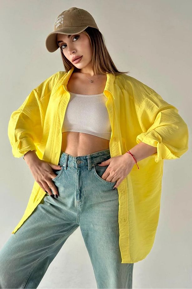 Kadın Sarı Oversize Dökümlü Tek Cepli Kolay Ütü Dokulu Gömlek TGC-700045 - 1