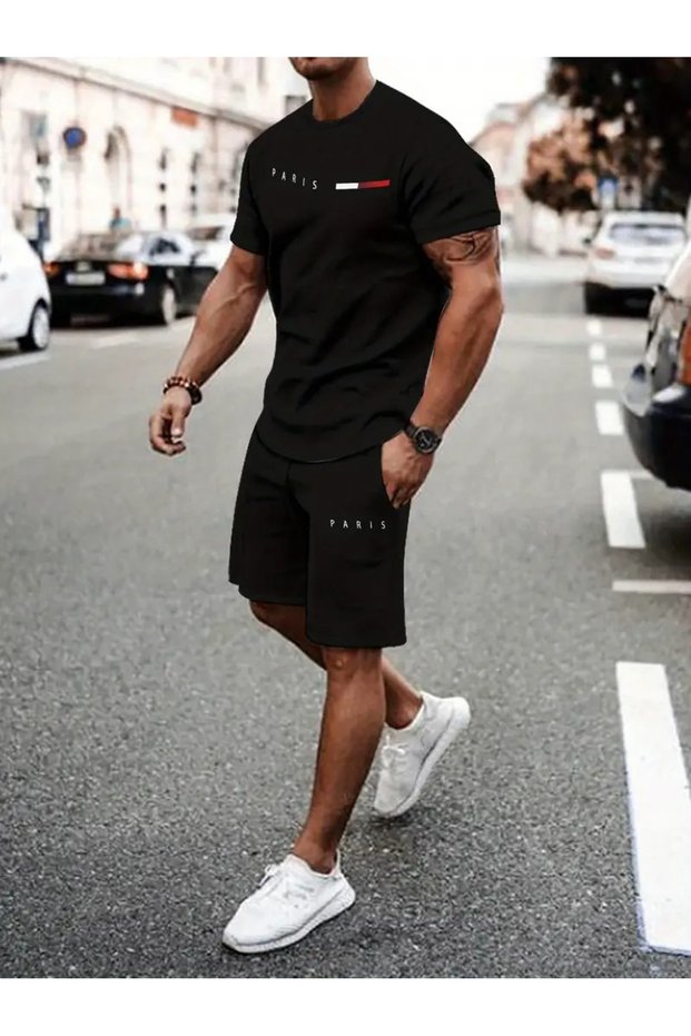Men's "Paris" Graphic T-Shirt and Shorts Set - Black, Breathable Polyester, Summer, Outdoor
