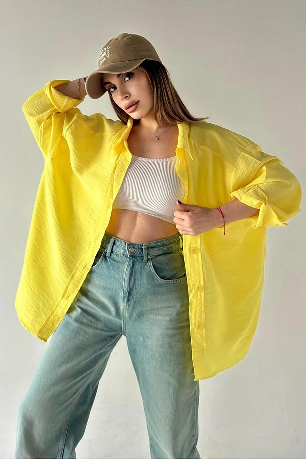 Kadın Sarı Oversize Dökümlü Tek Cepli Kolay Ütü Dokulu Gömlek TGC-700045 - 2