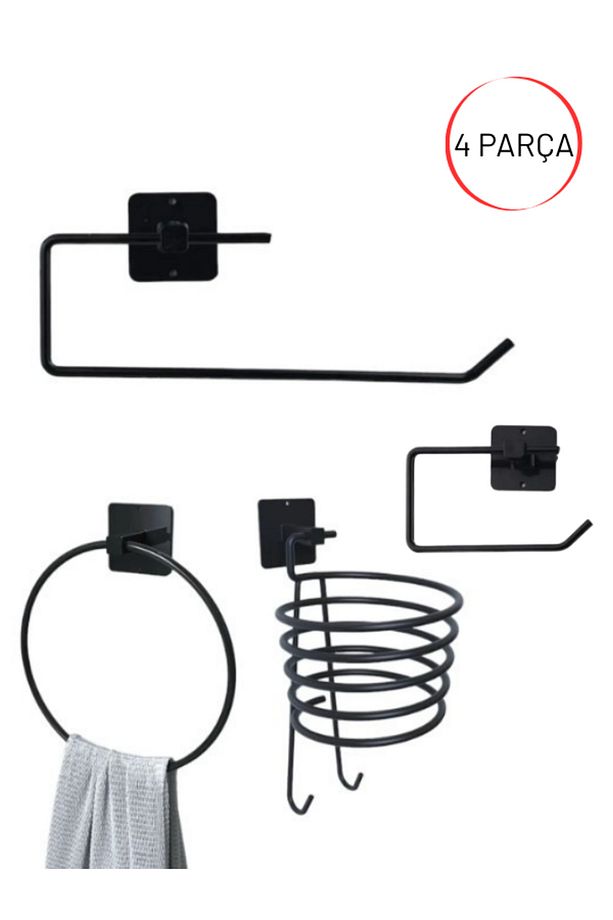 4 Lü Banyo Seti Havlu Kağıtlık + Wc Kağıtlık + Fönlük + Yuvarlak Havluluk Metal Yapışkanlı Set - 1