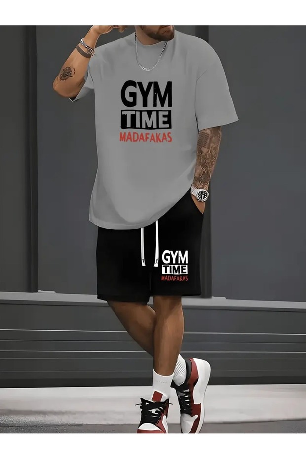 Men's 2 Piece Gym Time Printed Casual Sportswear Set, Round Neck Short Sleeve T-Shirt and