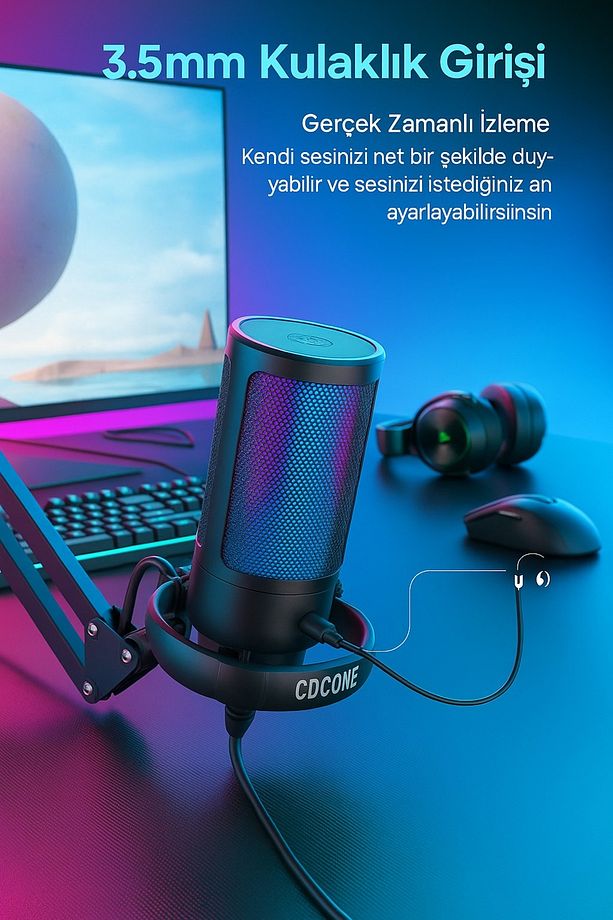 Rgb Işıklı Usb Mikrofon Seti Yayıncılar, Podcast Oyun İçin Profesyonel Kayıt Mikrofonu Kol Standı - 5
