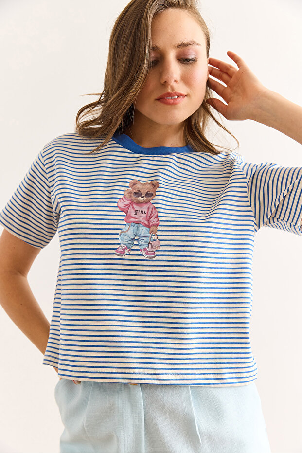 Women's Navy Blue Striped Teddy Bear Printed Cotton T-Shirt Tsh-19000924