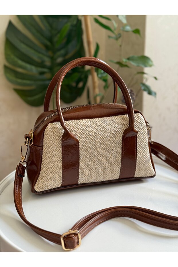 Leather Women's Hand and Shoulder Bag with Canvas Detail