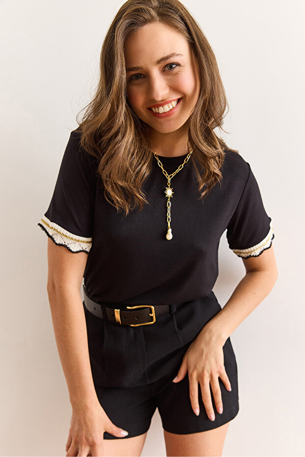Women's Black Sleeve Detailed Draped Knitted Viscose Blouse Blz-19003009