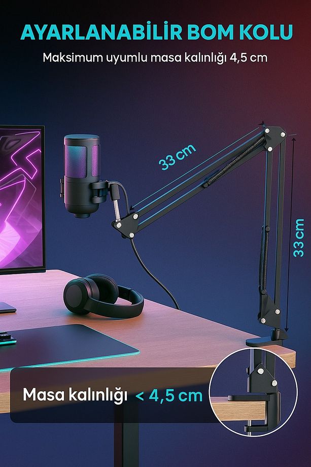 Rgb Işıklı Usb Mikrofon Seti Yayıncılar, Podcast Oyun İçin Profesyonel Kayıt Mikrofonu Kol Standı - 4